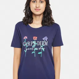 Dreamz by Pantaloons Women Navy Blue & White Typography Printed Cotton Lounge T-shirt-image-87