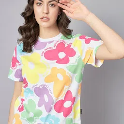 The Dry State White & Pink Floral Printed Loose Cotton T-shirt-image-32