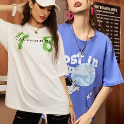 Christy World Pack Of 2 Printed Drop Shoulder Cotton Oversized T-shirt-picture-41