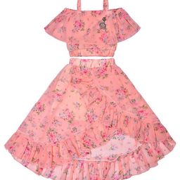 Wish Karo Girls Floral Printed Cold Shoulder Sleeve Top with Skirt-image-49