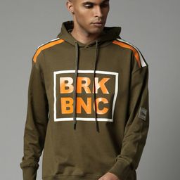 Breakbounce Men Olive Green Printed Hooded Pure Cotton Sweatshirt-image-62