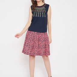 Bitterlime Women Coral Pink & Navy Blue Printed Flared Knee Length Skirt-image-85