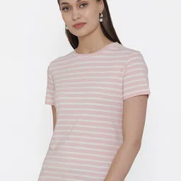 DOOR74 Women Pink & White Striped Cotton T-shirt-image-86