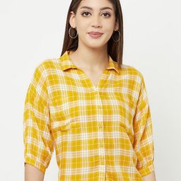 Crimsoune Club Women Mustard Yellow Slim Fit Tartan Checked Casual Shirt-image-8