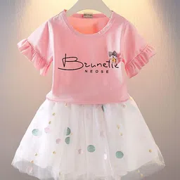 YK Girls Printed Round Neck Short Sleeves Pure Cotton Top With Skirt-image-2