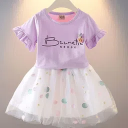 YK Girls Printed Round Neck Short Sleeves Pure Cotton Top With Skirt-image-1