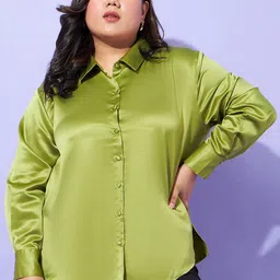 SASSAFRAS Curve Olive Green Plus Size Comfort Spread Collar Satin Casual Shirt-picture-17