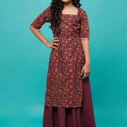 Aks Kids Girls Floral Printed Square Neck Pure Cotton Straight Kurta With Skirt-image-35