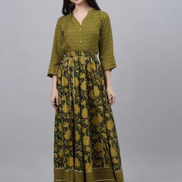 KALINI Women Green Floral Pleated Kurta with Skirt-picture-24
