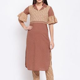 SVARCHI Women Beige Printed Pure Cotton Kurti with Trousers-51