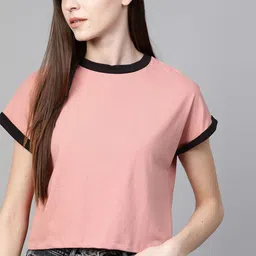 Roadster Women Pink Solid Round Neck Pure Cotton Crop T-shirt-image-20