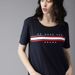 Moda Rapido Women Navy Blue Printed Round Neck Pure Cotton T-shirt-23