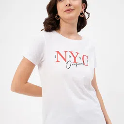 Mast & Harbour White & Red Typography Printed Pure Cotton T-shirt-9