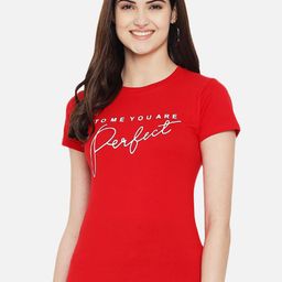 Fabflee Women Red Typography Printed Round Neck Cotton T-shirt-picture-10
