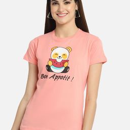 Fabflee Women Peach Printed Round Neck Cotton T-shirt-image-91
