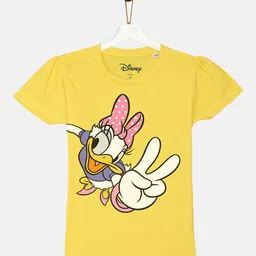 YK Disney Girls Yellow Daisy Duck Printed Puff Sleeve Cotton T-shirt-image-58