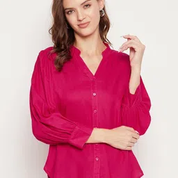 Ruhaans Women Fuchsia Classic Mandarin Collar Casual Shirt-2