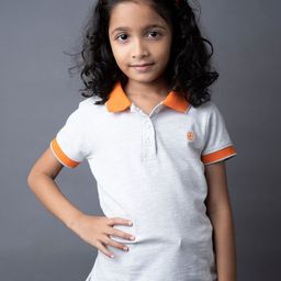 GREENDIGO Girls Grey Melange & Orange Solid Polo Collar Organic Cotton T-shirt-image-7