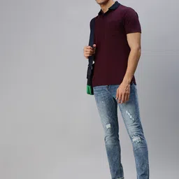 ONN Men Maroon Solid Self Design Polo Collar Regular Fit T-shirt-picture-16