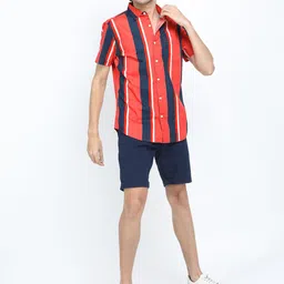 KETCH Men Red & Navy Blue Slim Fit Multi Striped Casual Shirt-image-93