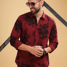 HERE&NOW Spread Collar Slim Fit Floral Opaque Printed Cotton Casual Shirt-image-18