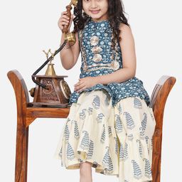 Bitiya by Bhama Girls Blue Floral Printed Pleated Kurta with Skirt-image-97