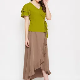 Bitterlime Women Green & Brown Overlapping Top with Ruffled Skirt-image-35