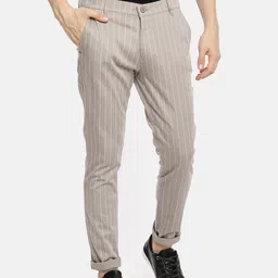 The Indian Garage Co Men Taupe Slim Fit Striped Regular Trousers-image-35