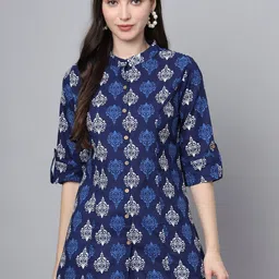 Divena Ethnic Printed Mandarin Collar Roll-Up Sleeves Cotton Shirt Style Longline Top-picture-24