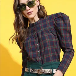 Tokyo Talkies Navy Blue Checked Mandarin Collar Pure Cotton Shirt Style Top-picture-51