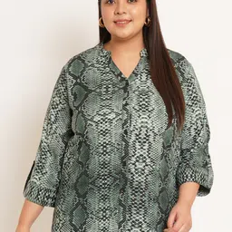 U&F Beyond Plus Size Abstract Printed Mandarin Collar Roll-Up Sleeves Shirt Style Top-0