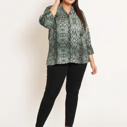 U&F Beyond Plus Size Abstract Printed Mandarin Collar Roll-Up Sleeves Shirt Style Top image 5