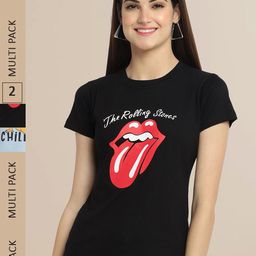Fabflee Women Blue & Black Pack of 2 Graphic Printed Cotton T-shirts-image-105