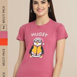 Fabflee Women Rose & Orange Pack of 2 Typography Printed Cotton T-shirt-image-75