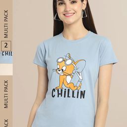 Fabflee Women Blue & Cream-Coloured Printed Pack of 2 Cotton T-shirt-picture-34