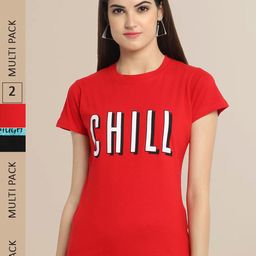 Fabflee Women Red & Black Pack of 2 Typography Printed Cotton T-shirts-image-79
