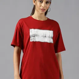 The Roadster Lifestyle Co. Red Printed Pure Cotton Oversized T-Shirt-image-23