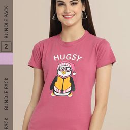 Fabflee Women Pink & White Set Of 2 Cotton  Printed T-shirt-picture-10