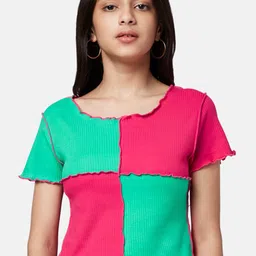 Coolsters by Pantaloons Girls Pink & Sea Green Colourblocked Cotton T-shirt-picture-32