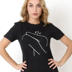 Again fashions Women Black Printed Cotton T-shirt-image-0