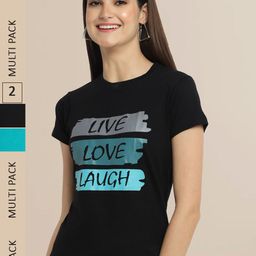 Fabflee Women Black & Turquoise Blue Pack of 2 Typography Printed Cotton T-shirt-image-58