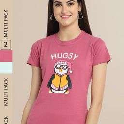 Fabflee Women Pink & Sea Green Pack Of 2 Printed Cotton T-shirt-image-56