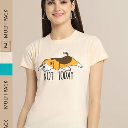Fabflee Women Cream & Turquoise Blue Pack of 2 Printed Cotton T-shirt-image-57