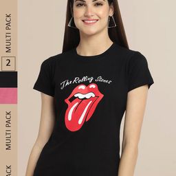 Fabflee Women Black & Rose Printed Pack of 2 Cotton T-shirt-image-21