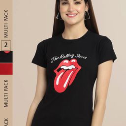 Fabflee Women Pack Of 2 Black & Maroon Printed Cotton T-shirt-picture-12