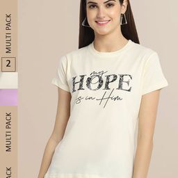 Fabflee Women Pack Of 2 Off White & Lavender Typography Printed Cotton T-shirt-image-125