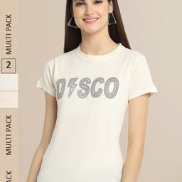 Fabflee Women Off White & Cream Pack of 2 Typography Printed Cotton T-shirt-image-96