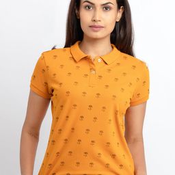 Status Quo Women Mustard Yellow Floral Printed Polo Collar Tropical Cotton T-shirt-image-20
