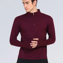 appulse Men Maroon High Neck One-Fourth Zipper & Thumb-Open T-shirt-image-51