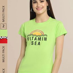 Fabflee Women Pack Of 2 Lime Green & Red Typography Printed Cotton T-shirt-4